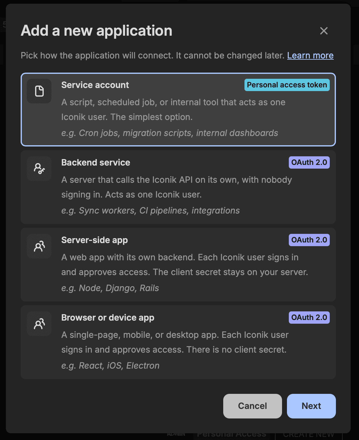 The Add a new application dialog with four scenarios: Service account, Backend service, Server-side app, and Browser or device app